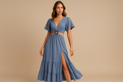 Πλήρης εμφάνιση γαλάζιου μακρύ φορέματος - V neck dress με κοντά μανίκια και βολάν φούστα από 100% πολυεστέρα one size