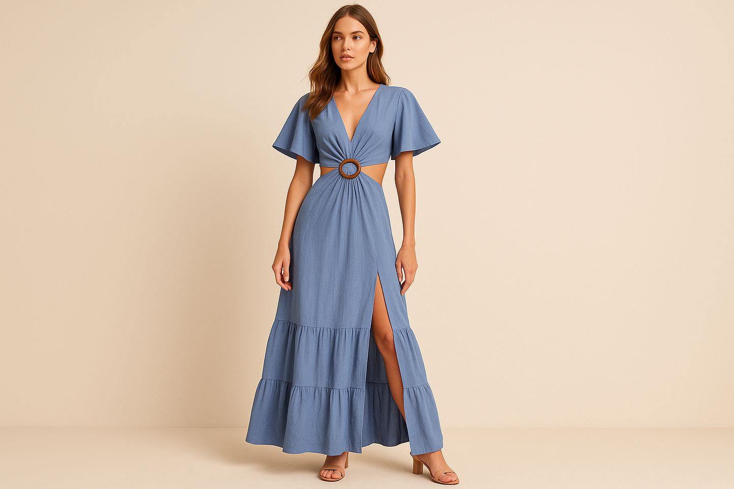 Γαλάζιο μακρύ φόρεμα με cut-out design σε κούκλα - V neck dress με κοντά μανίκια, βολάν φούστα και ξύλινο δαχτυλίδι one size από 100% πολυεστέρα