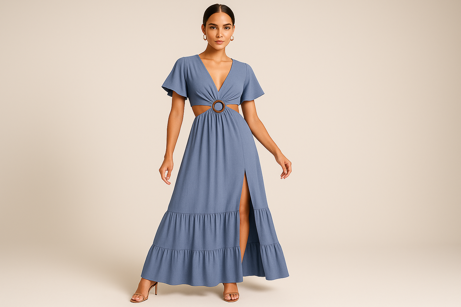 Πλάγια όψη γαλάζιου φορέματος με cut-out design - καλοκαιρινό φόρεμα με κομψό άνοιγμα στη βολάν φούστα και ξύλινο δαχτυλίδι