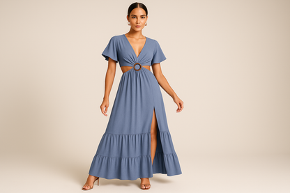 Πλάγια όψη γαλάζιου φορέματος με cut-out design - καλοκαιρινό φόρεμα με κομψό άνοιγμα στη βολάν φούστα και ξύλινο δαχτυλίδι