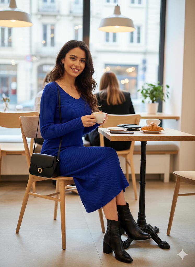 Πλεκτό Φόρεμα Ηλεκτρίκ Μπλε Μίντι με V Λαιμόκοψη | C&M