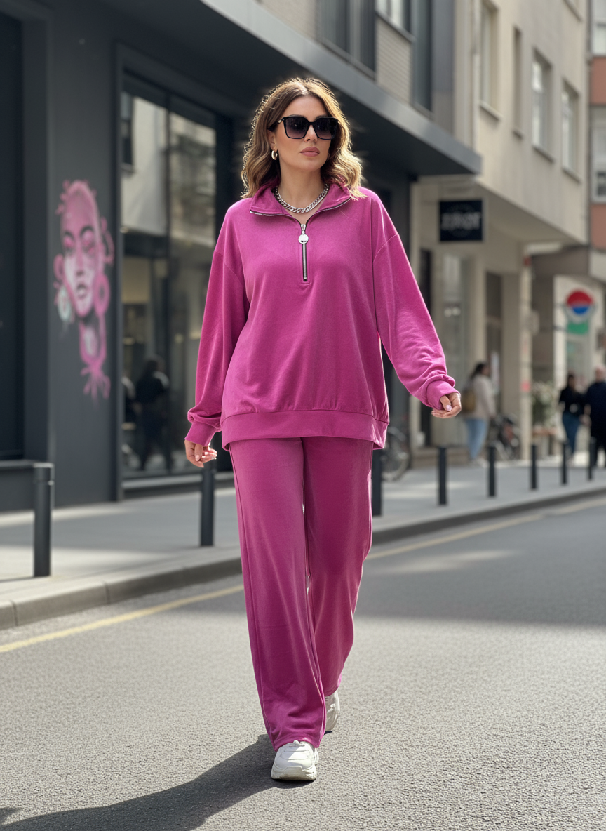 Μοντέλο φορώντας βελούδινο φούξια σετ σε αστικό περιβάλλον - street style look