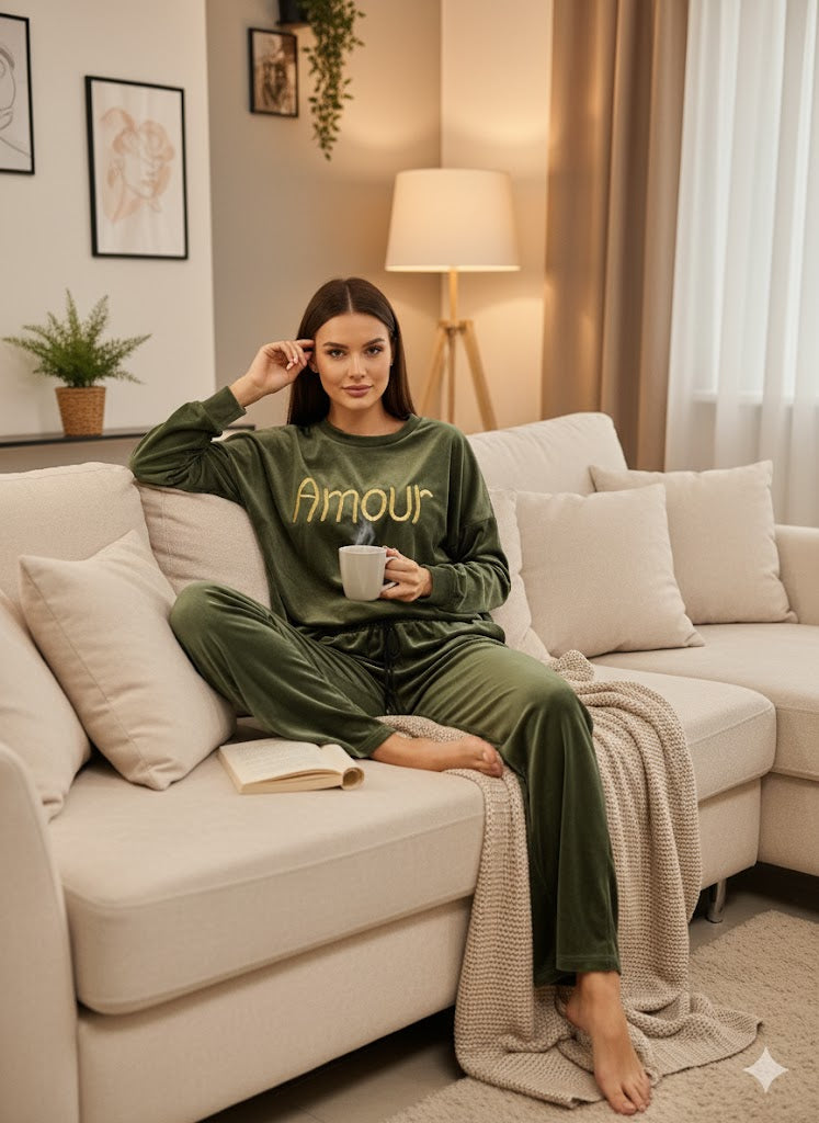  Μπροστινή όψη μοντέλου φορώντας βελούδινο σετ Amour olive green