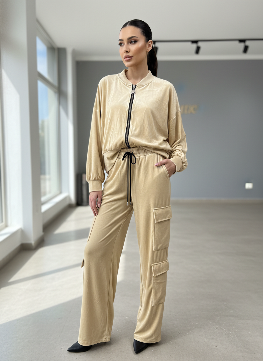 Μοντέλο φορώντας βελούδινο κρεμ bomber jacket και cargo παντελόνι σε μοντέρνο εσωτερικό χώρο