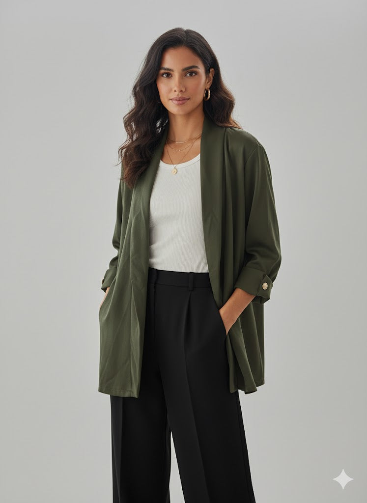 Γυναικεία Σατέν Ζακέτα Oversized Χακί Μακριά | C&M