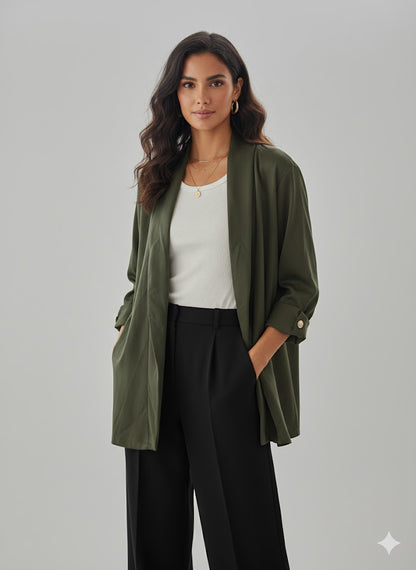 Γυναικεία Σατέν Ζακέτα Oversized Χακί Μακριά | C&M