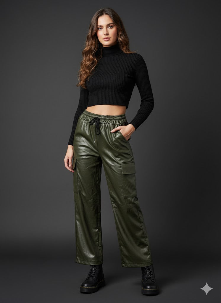 Cargo Παντελόνι Δερματίνη Λαδί Wide Leg με Τσέπες | C&M