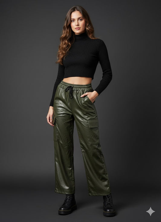 Cargo Παντελόνι Δερματίνη Λαδί Wide Leg με Τσέπες | C&M