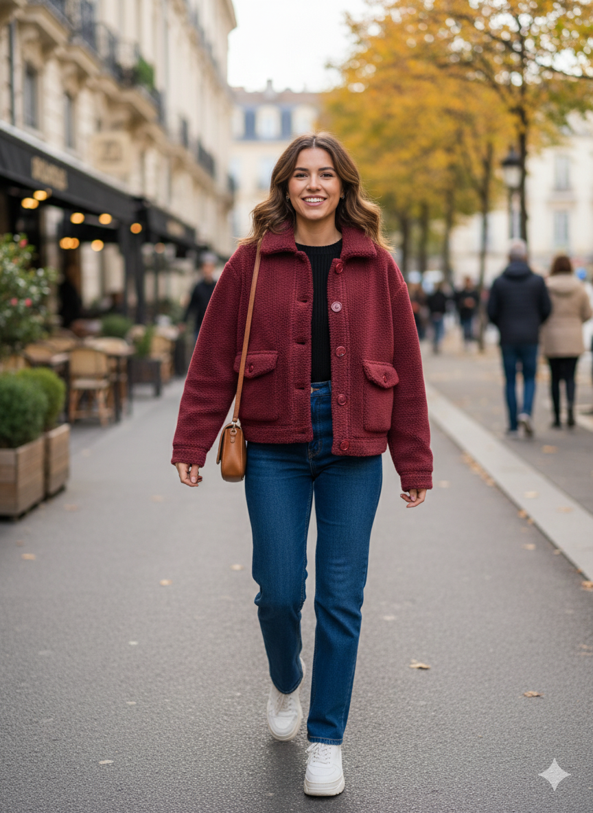 Μπορντό Μπουκλέ Jacket Borg Sherpa Oversized Cropped Size S | C&M