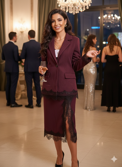 Μπορντό Σετ Blazer Φούστα Δαντέλα Pencil Midi Made in Italy | C&M