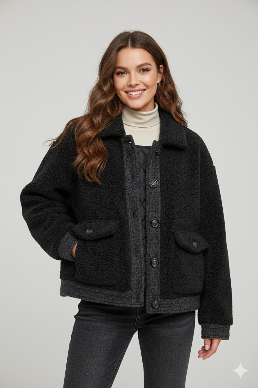 Μαύρο Sherpa Shacket Borg Oversized Cropped Καπιτονέ Size S | C&M