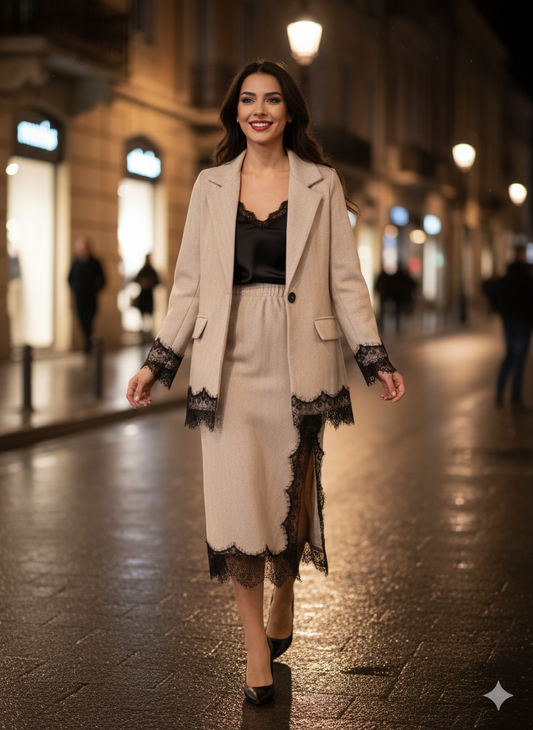 Μπεζ Σετ Blazer Φούστα Ψαροκόκαλο Herringbone Δαντέλα Eyelash | C&M