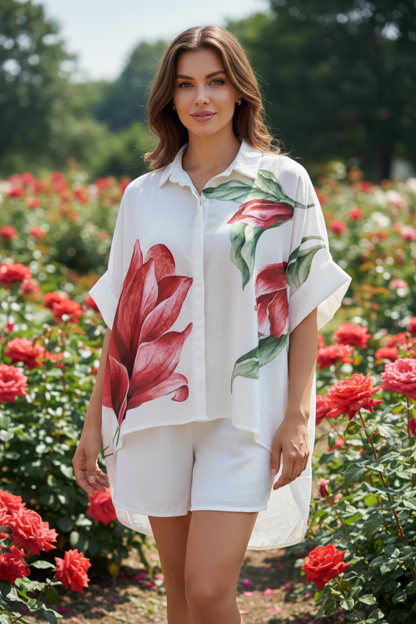 Εναλλακτική γωνία φλοράλ πουκαμίσου με κόκκινα τριαντάφυλλα plus size C&M
