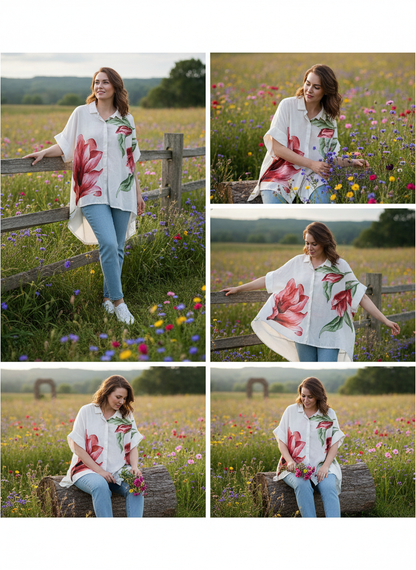 Κοντινό πλάνο υφάσματος φλοράλ πουκαμίσου με κόκκινα τριαντάφυλλα C&M