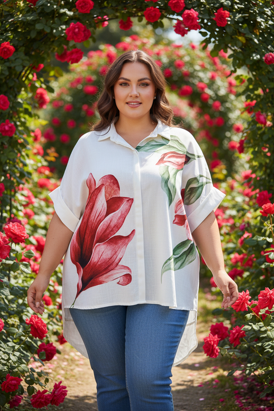 Γυναικείο φλοράλ πουκάμισο με κόκκινα τριαντάφυλλα plus size 6XL C&M