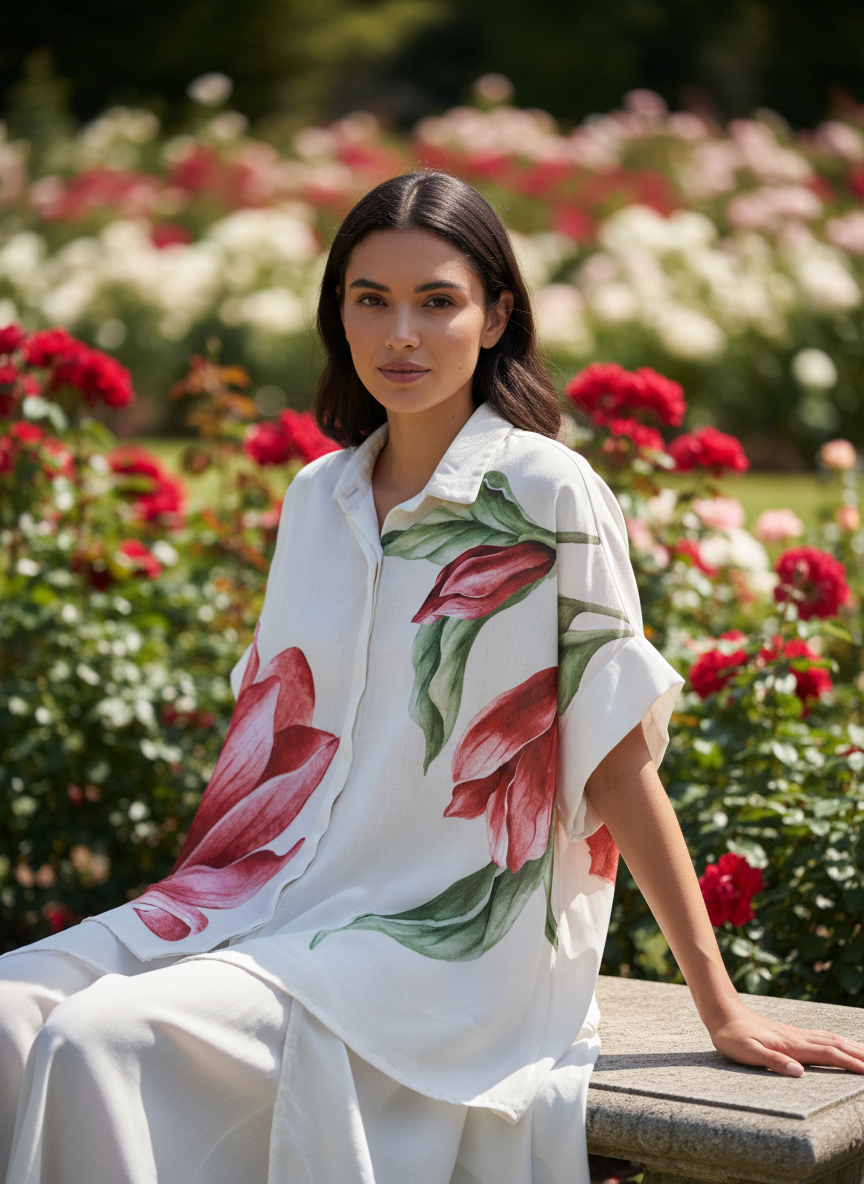 Στυλιστική φωτογραφία φλοράλ πουκαμίσου κόκκινα τριαντάφυλλα plus size C&M