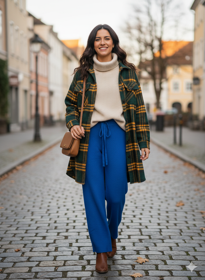 Πλεκτό Παντελόνι Φόρμας Μπλε Ρουά Wide Leg με Κορδόνι | C&M