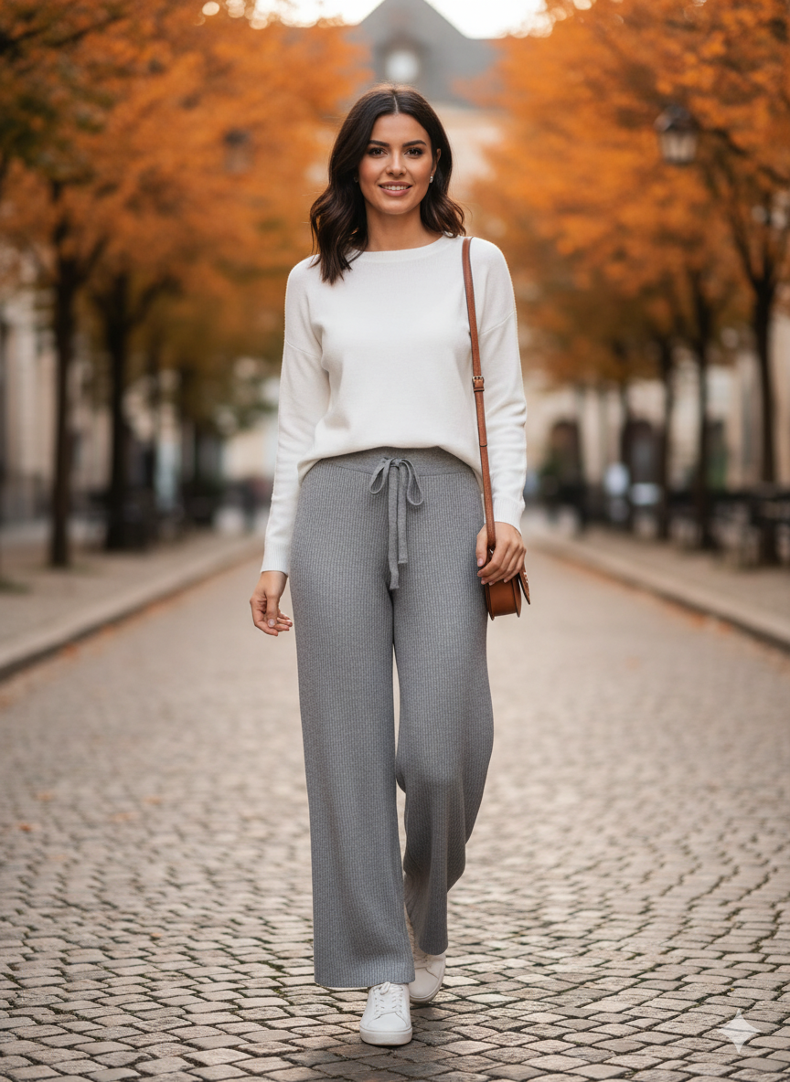 Πλεκτό Παντελόνι Γκρι Wide Leg με Κορδόνι Loungewear | C&M