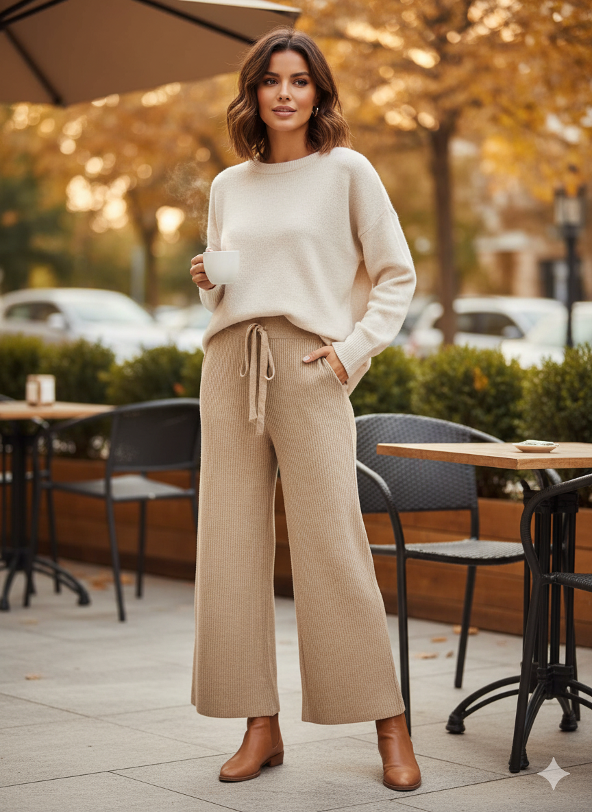 Πλεκτό Παντελόνι Μπεζ Καμηλό Wide Leg Ψηλόμεσο με Κορδόνι | C&M