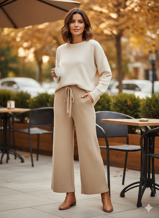 Πλεκτό Παντελόνι Μπεζ Καμηλό Wide Leg Ψηλόμεσο με Κορδόνι | C&M