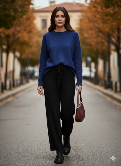 Πλεκτό Παντελόνι Μαύρο Wide Leg Ψηλόμεσο με Κορδόνι | C&M