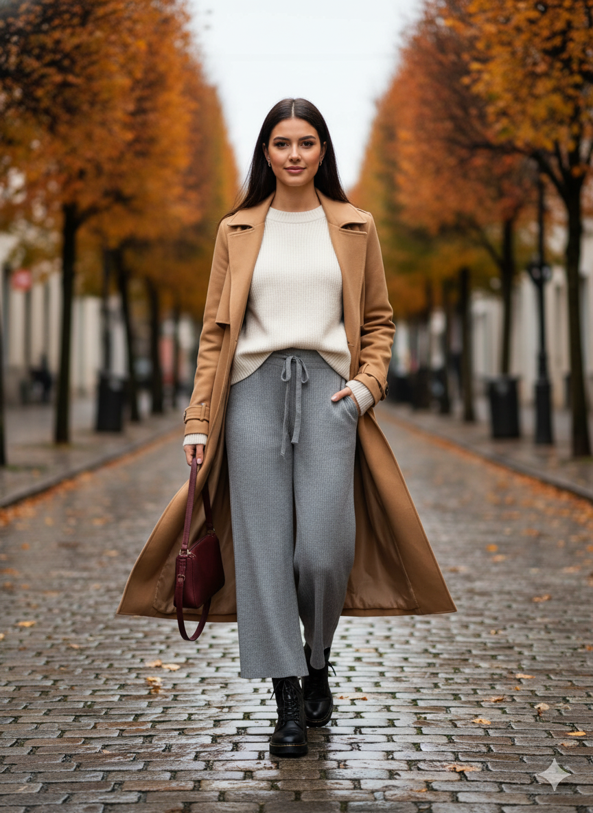 Πλεκτό Παντελόνι Γκρι Wide Leg με Κορδόνι Loungewear | C&M