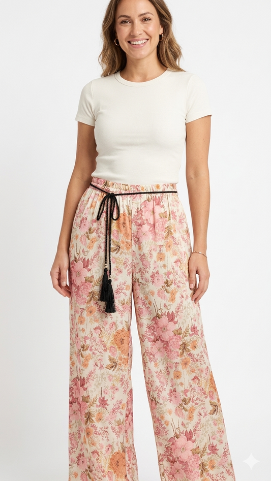 Floral Wide-Leg Pants με Boho Ζώνη | C&M