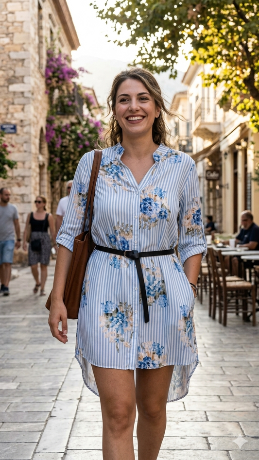 Ασύμμετρη Ριγέ Τούνικ με Floral - Γαλάζιο | C&M