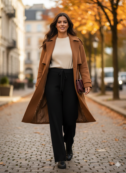 Πλεκτό Παντελόνι Μαύρο Wide Leg Ψηλόμεσο με Κορδόνι | C&M