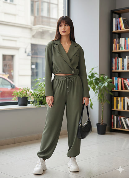 Χακί Σετ Cropped Σακάκι Balloon Παντελόνι Casual Chic | C&M