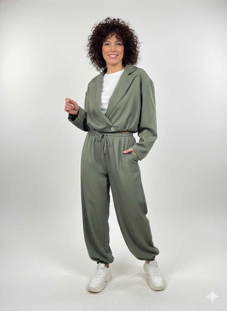 Χακί Σετ Cropped Σακάκι Balloon Παντελόνι Casual Chic | C&M