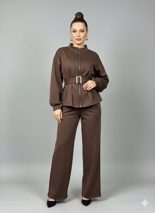 Καφέ Σετ Ζακέτα Φερμουάρ Ζώνη Παντελόνι Πλισέ Bomber | C&M