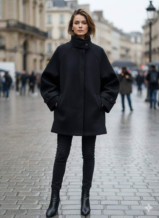 Μαύρο Oversized Παλτό Boxy Funnel Neck Χοντρό τσόχινο ύφασμα | C&M