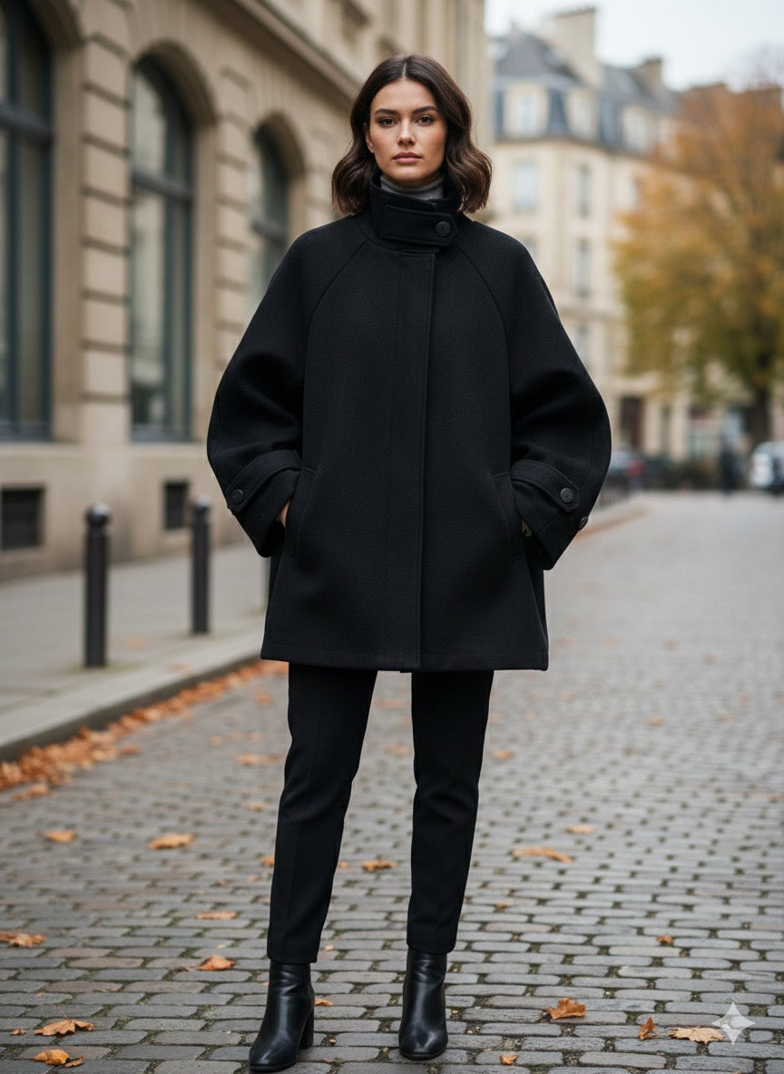 Μαύρο Oversized Παλτό Boxy Funnel Neck Χοντρό τσόχινο ύφασμα | C&M