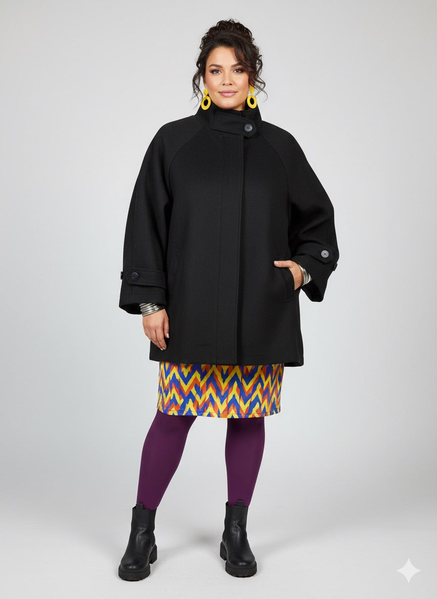 Μαύρο Oversized Παλτό Boxy Funnel Neck Χοντρό τσόχινο ύφασμα | C&M