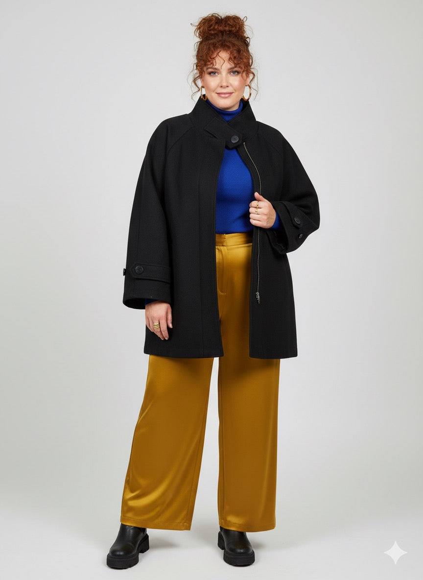 Μαύρο Oversized Παλτό Boxy Funnel Neck Χοντρό τσόχινο ύφασμα | C&M