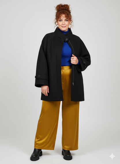 Μαύρο Oversized Παλτό Boxy Funnel Neck Χοντρό τσόχινο ύφασμα | C&M