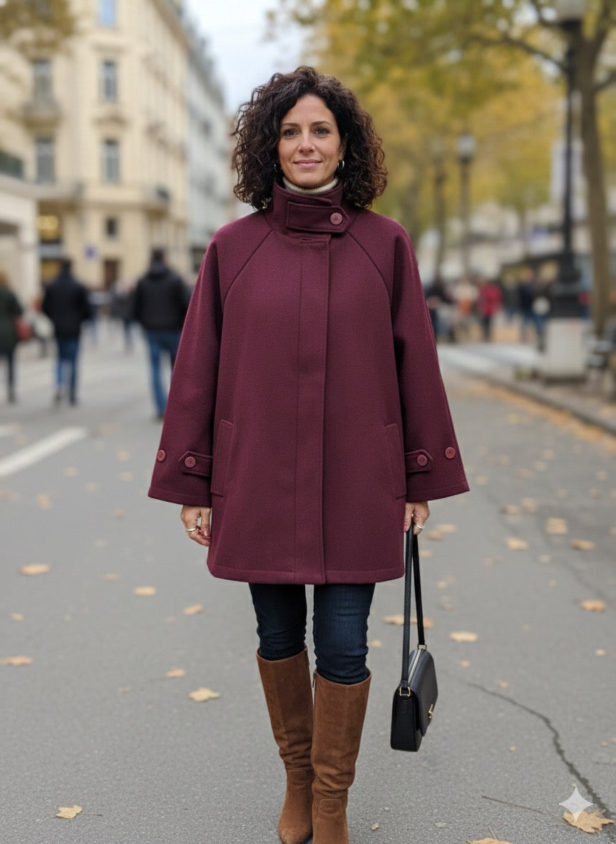 Μπορντό Oversized Παλτό Ρεγκλάν Funnel Neck Χοντρό τσόχινο ύφασμα | C&M