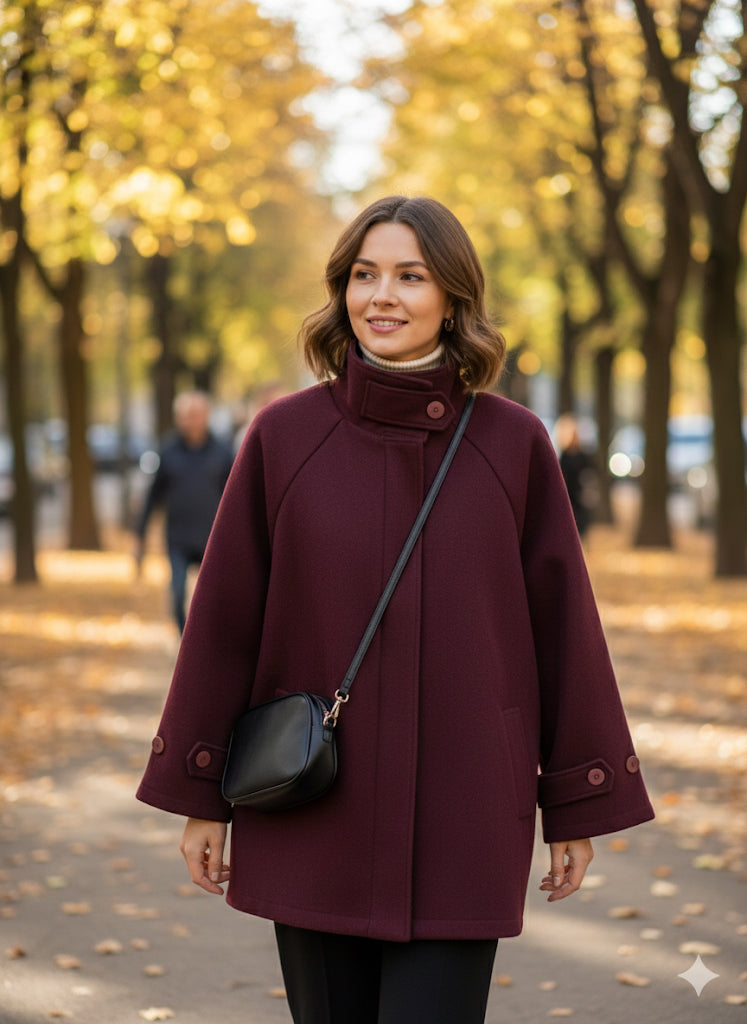 Μπορντό Oversized Παλτό Ρεγκλάν Funnel Neck Χοντρό τσόχινο ύφασμα | C&M