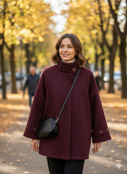 Μπορντό Oversized Παλτό Ρεγκλάν Funnel Neck Χοντρό τσόχινο ύφασμα | C&M