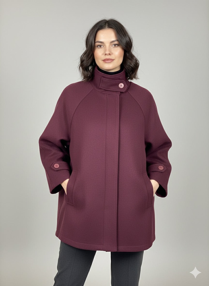 Μπορντό Oversized Παλτό Ρεγκλάν Funnel Neck Χοντρό τσόχινο ύφασμα | C&M