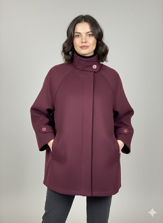 Μπορντό Oversized Παλτό Ρεγκλάν Funnel Neck Χοντρό τσόχινο ύφασμα | C&M