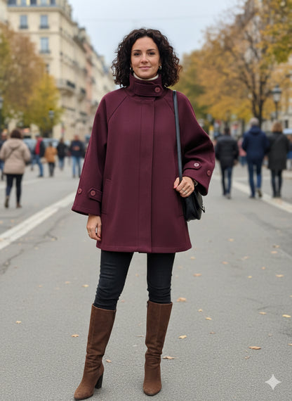 Μπορντό Oversized Παλτό Ρεγκλάν Funnel Neck Χοντρό τσόχινο ύφασμα | C&M