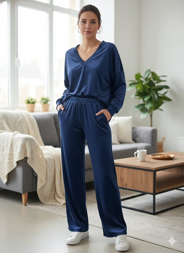 Μπλε Βελούδινο Σετ Loungewear V-Neck Wide Leg Oversized | C&M
