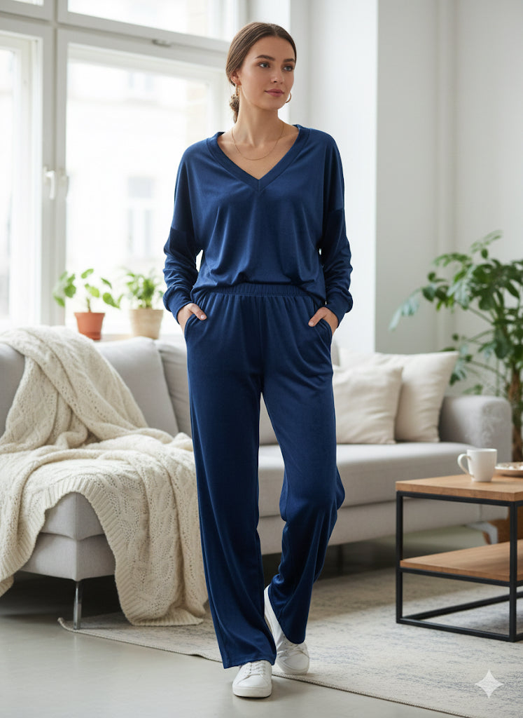Μπλε Βελούδινο Σετ Loungewear V-Neck Wide Leg Oversized | C&M