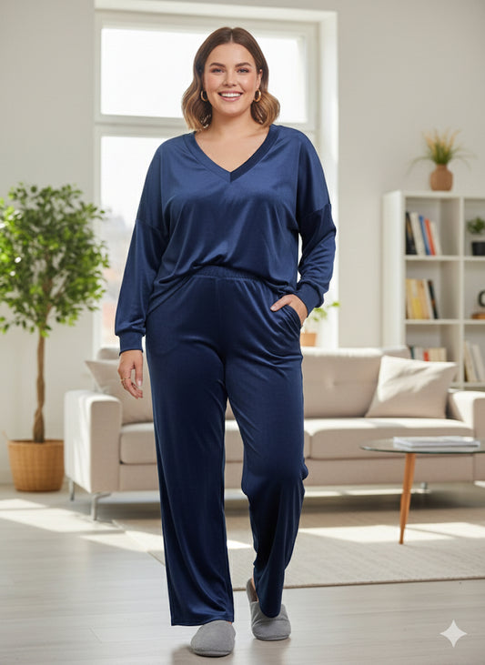 Μπλε Βελούδινο Σετ Loungewear V-Neck Wide Leg Oversized | C&M
