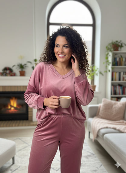 Ροζ Μωβ Βελουτέ Σετ Loungewear V-Neck Oversized Dusty Rose | C&M