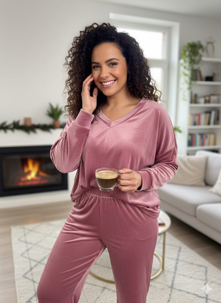 Ροζ Μωβ Βελουτέ Σετ Loungewear V-Neck Oversized Dusty Rose | C&M