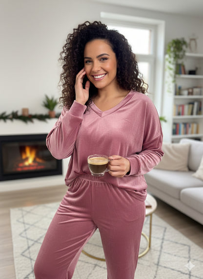 Ροζ Μωβ Βελουτέ Σετ Loungewear V-Neck Oversized Dusty Rose | C&M