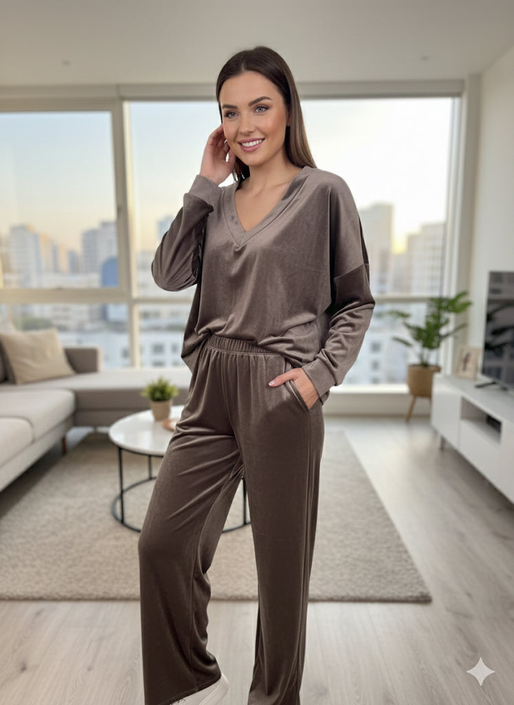 Taupe Βελουτέ Σετ Loungewear V-Neck Wide Leg Oversized | C&M